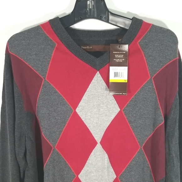 Perry Ellis V neckline Geometric Pattern Sweater, Gray, charcoal & Red colors. M - Picture 2 of 8